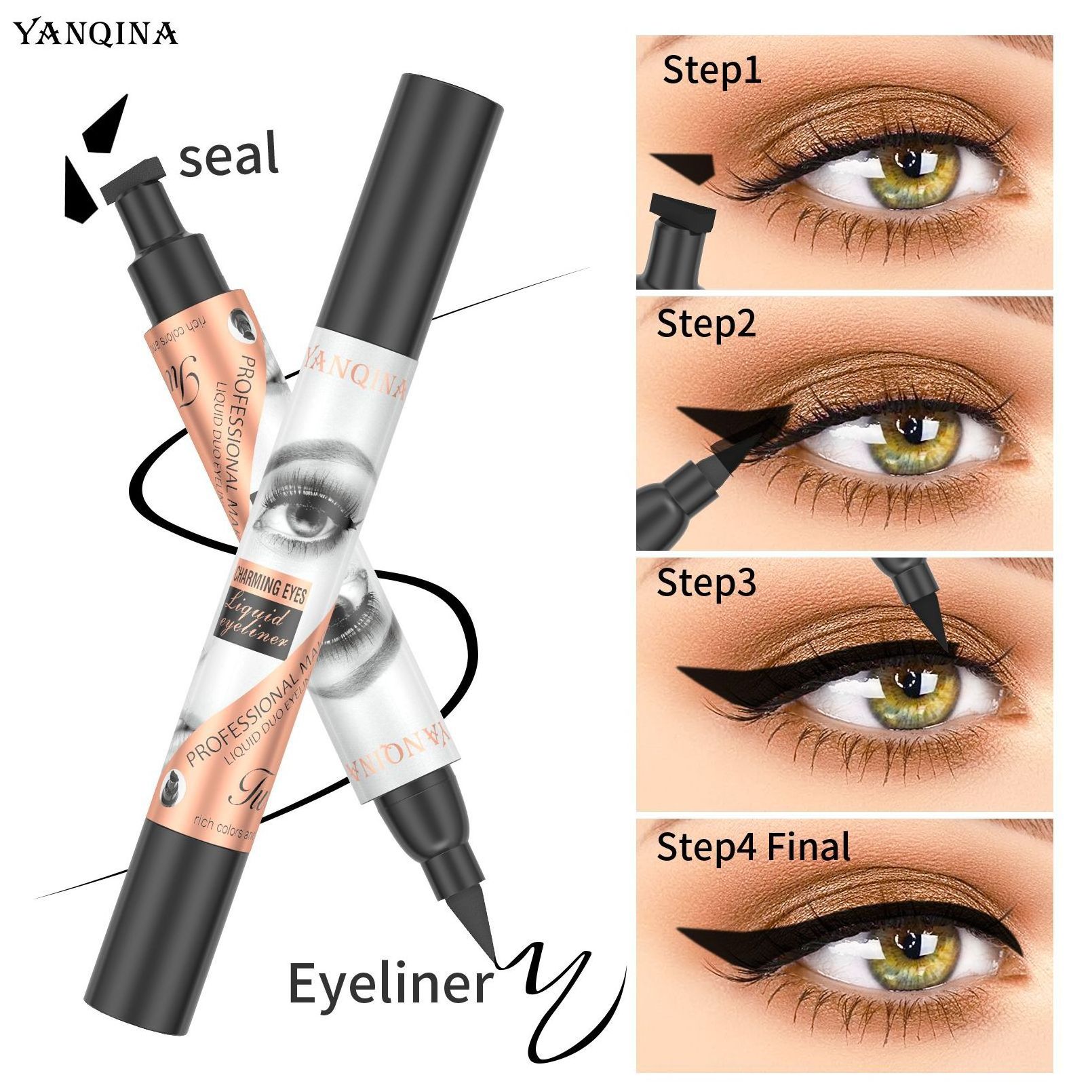 YANQINA High Quality Long Lasting Fast Dry Double Head Eyeliner 2 in1 Winged Stamp Liquid Eyeliner Pen