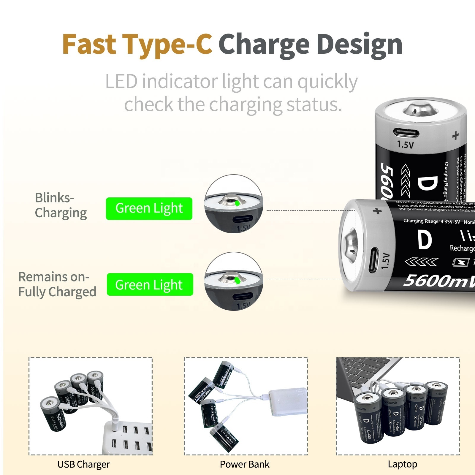 USB 4 in 1 Charging Cable D Size 5600mwh Rechargeable 1.5V Lithium Battery for Flashlight Toys