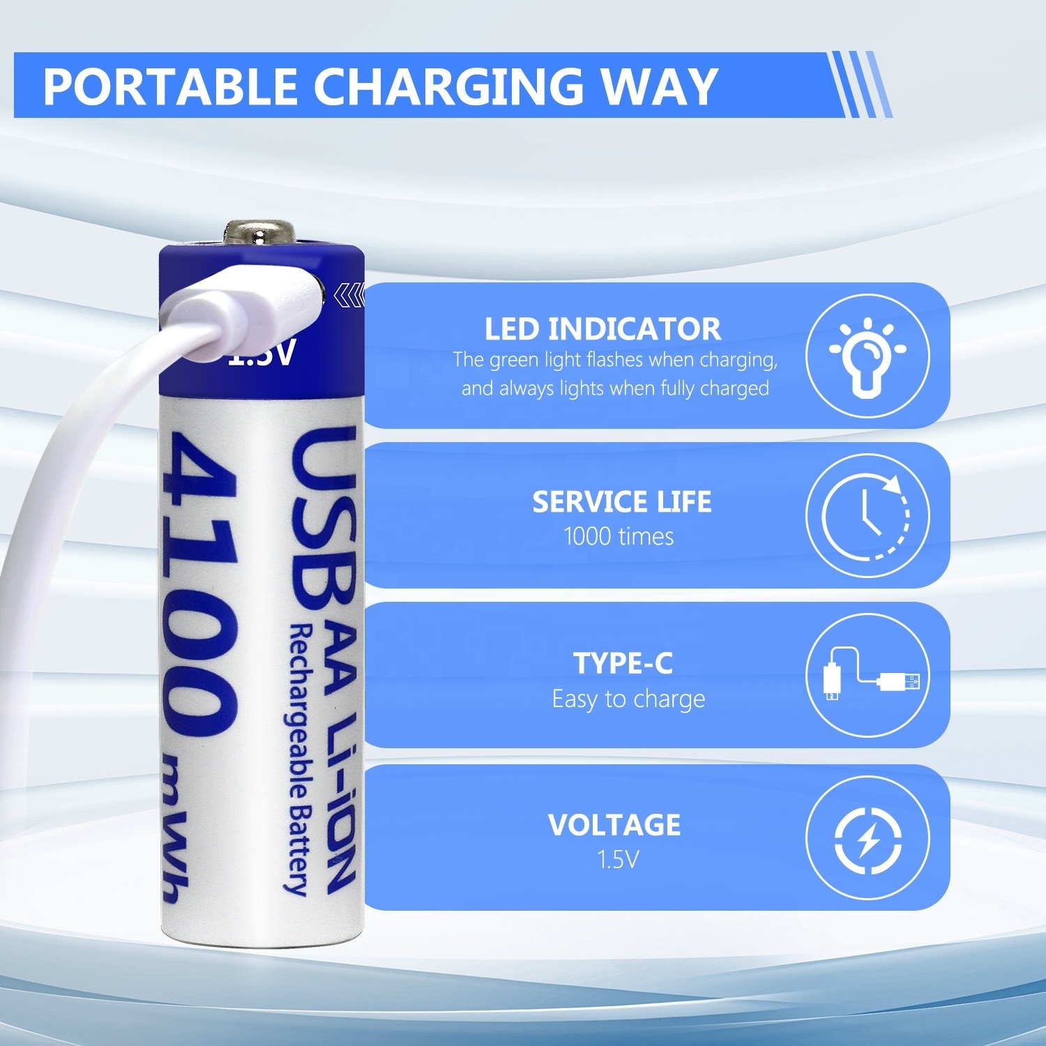 USB Charging Port Reusable Cell  Battery Cylindrical 4100mwh Type-c 1.5V AA Rechargeable Lithium Ion Batteries