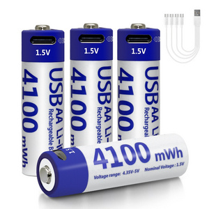 USB Charging Port Reusable Cell  Battery Cylindrical 4100mwh Type-c 1.5V AA Rechargeable Lithium Ion Batteries