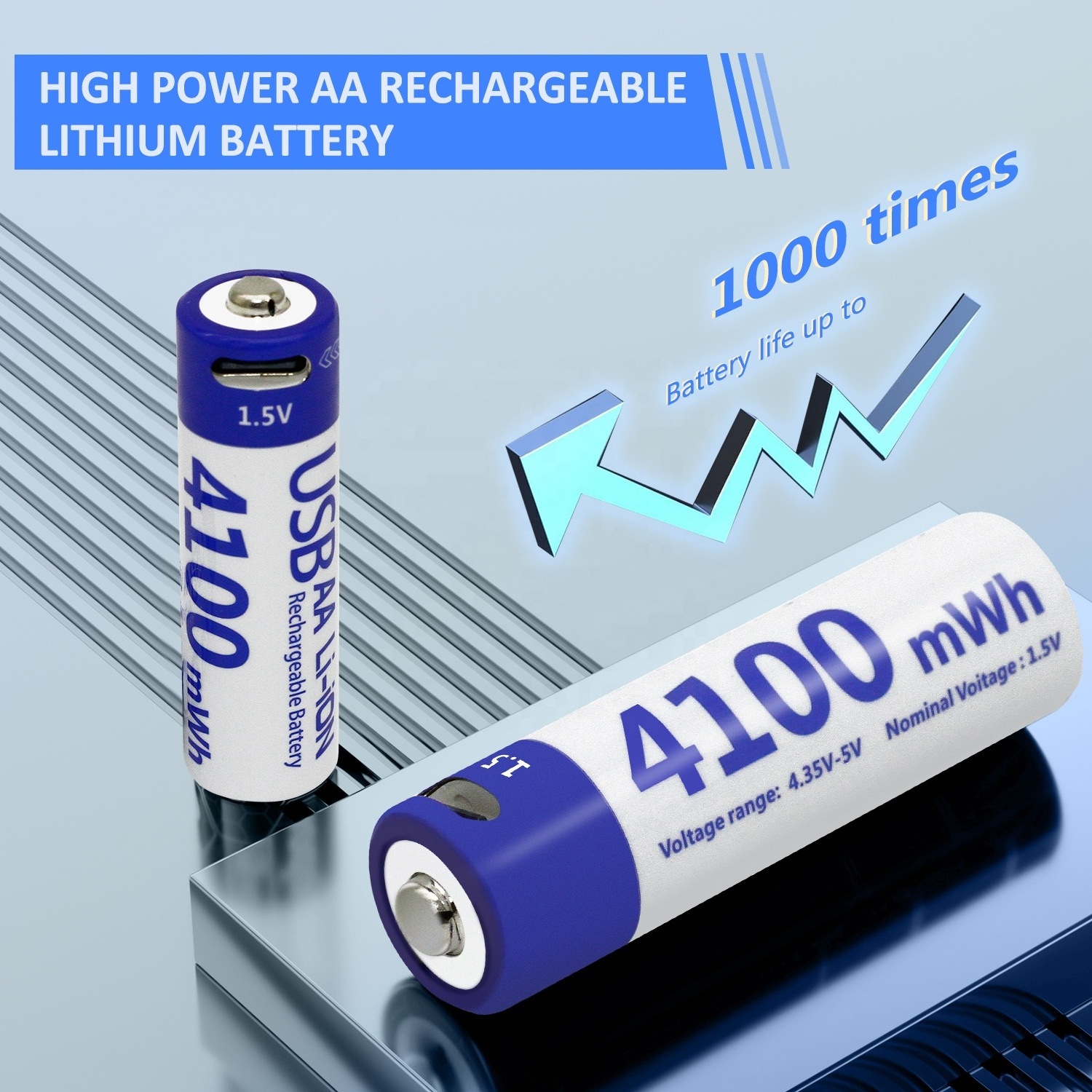 USB Charging Port Reusable Cell  Battery Cylindrical 4100mwh Type-c 1.5V AA Rechargeable Lithium Ion Batteries