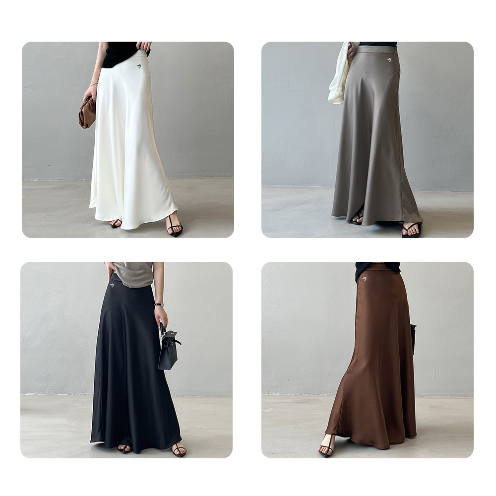 A-line Solid Color Elegant Retro Women's Skirt Polyester Fish Tail Breathable Skinny Slim Bodycon Satin Vintage Maxi Long Skirt