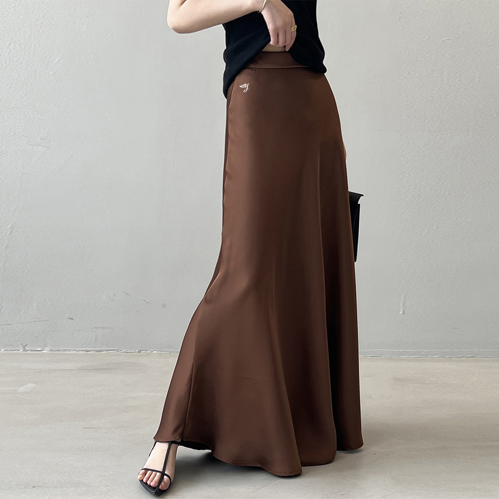 A-line Solid Color Elegant Retro Women's Skirt Polyester Fish Tail Breathable Skinny Slim Bodycon Satin Vintage Maxi Long Skirt