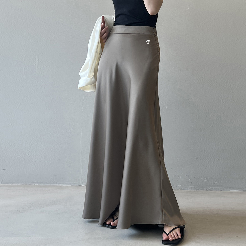 A-line Solid Color Elegant Retro Women's Skirt Polyester Fish Tail Breathable Skinny Slim Bodycon Satin Vintage Maxi Long Skirt