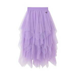 Smo Asymmetrical Mesh Tulle Skirt Purple Midi Long Skirt Elastic High Waist Pleated Plaid Skirt For Women