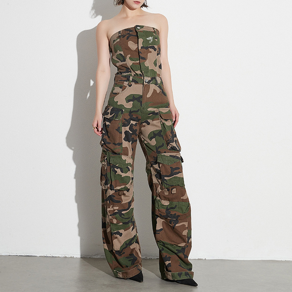 SMO camouflage clothes women off- shoulder camouflage jumpsuit women cargo pant ladies