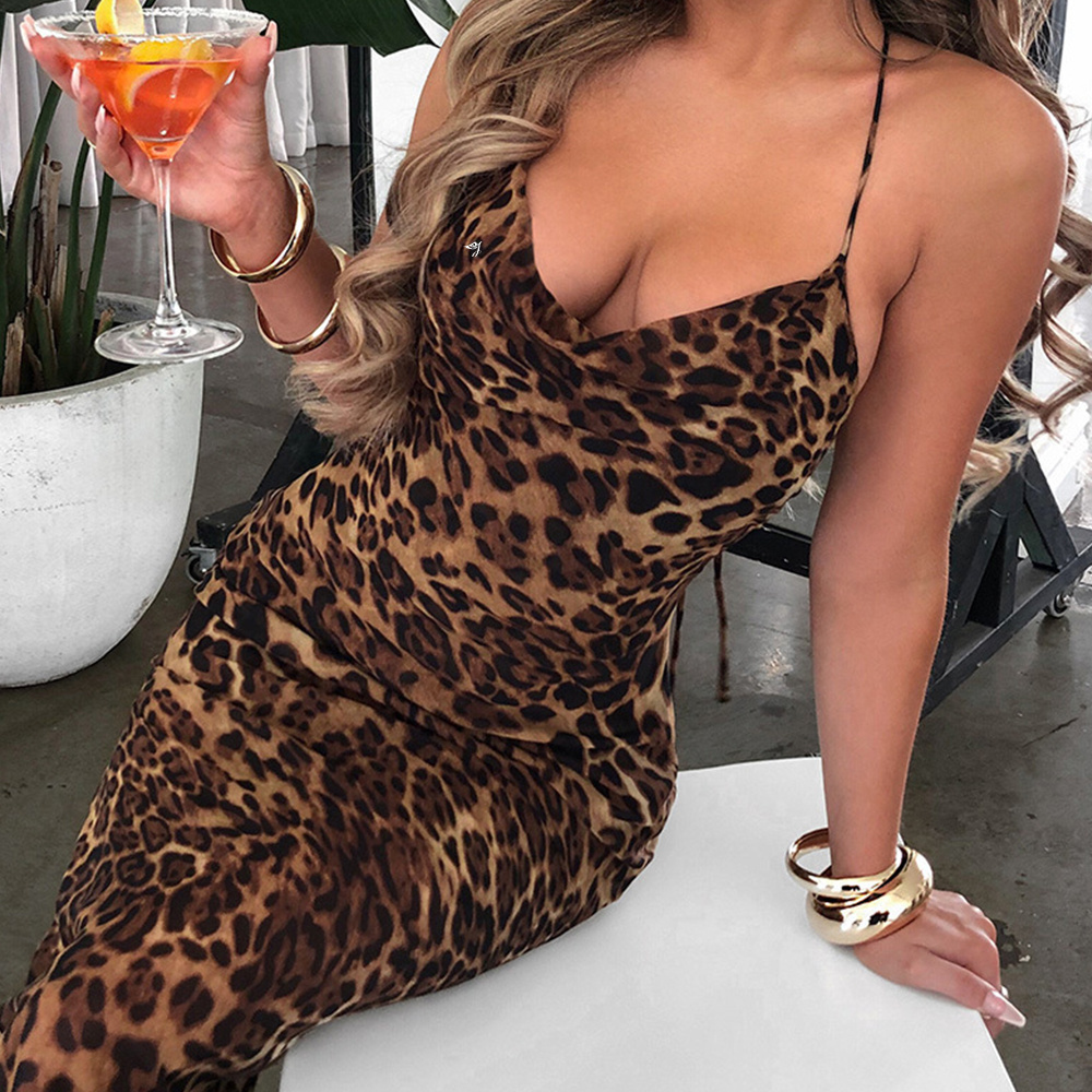 Skinny Sexy V-Neck Spaghetti Slip Bodycon Collarless Polyester Dress Print Maxi Long Dress Tie Dye Strap Leopard Casual Dresses