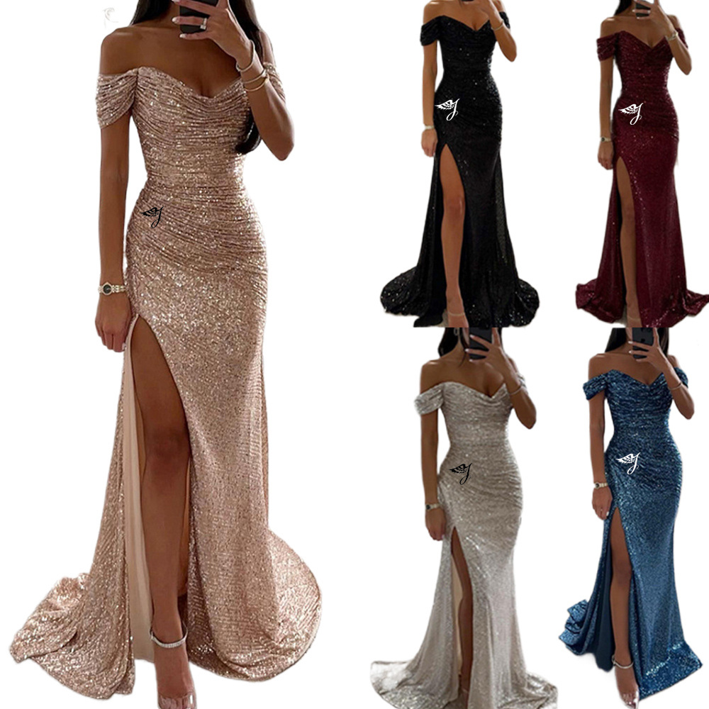 Full Dresses Women Sexy Long Maxi Lady Elegant Solid Off Shoulder Sequin Woman Gown Prom Wedding Guest Evening Dresses For Women