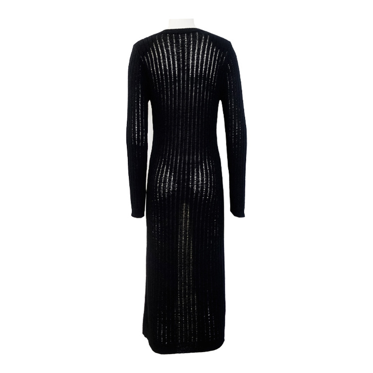 SMO round neck high split crochet dress black sexy sweater dress knitted sweater dress