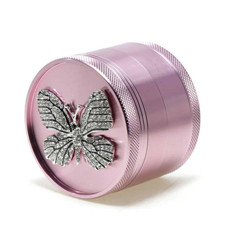 Aluminum 63mm Pink Herb Grinder with Diamond Butterfly Pink Grinder for Women Gift for Girl Herb Crusher Smoking Accessories