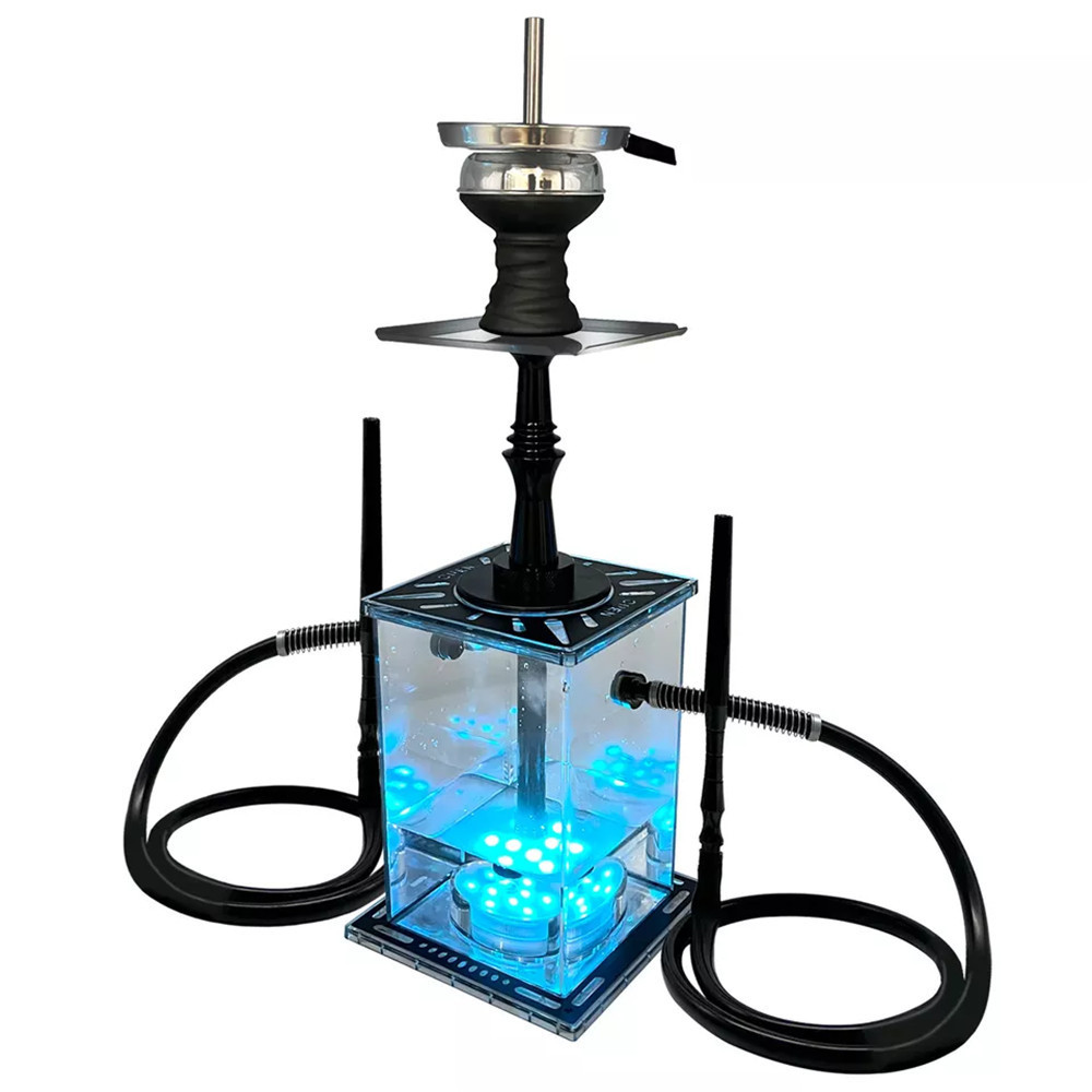 2 Hose Square Acrylic Hookah with LED Light Shisha Set with Hookah Accessories