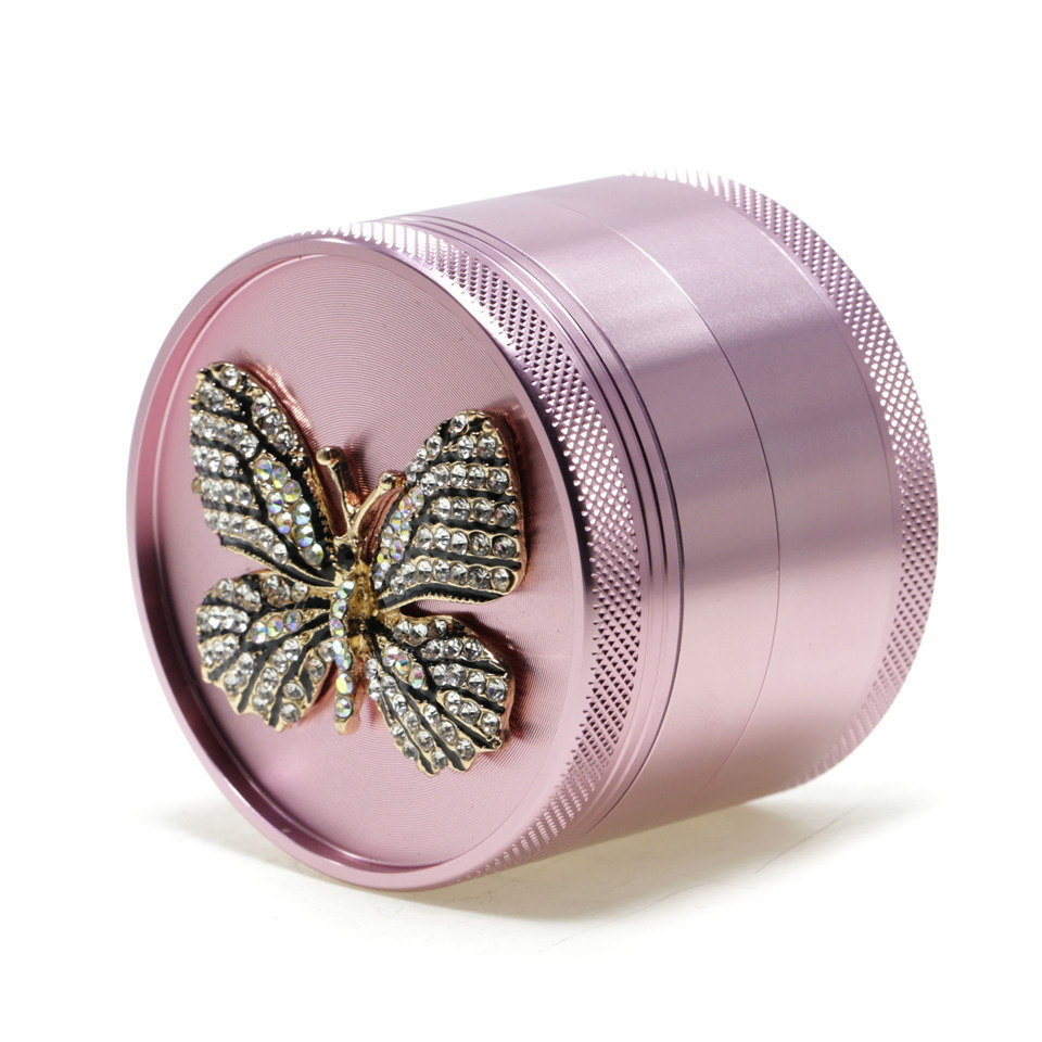 Aluminum 63mm Pink Herb Grinder with Diamond Butterfly Pink Grinder for Women Gift for Girl Herb Crusher Smoking Accessories