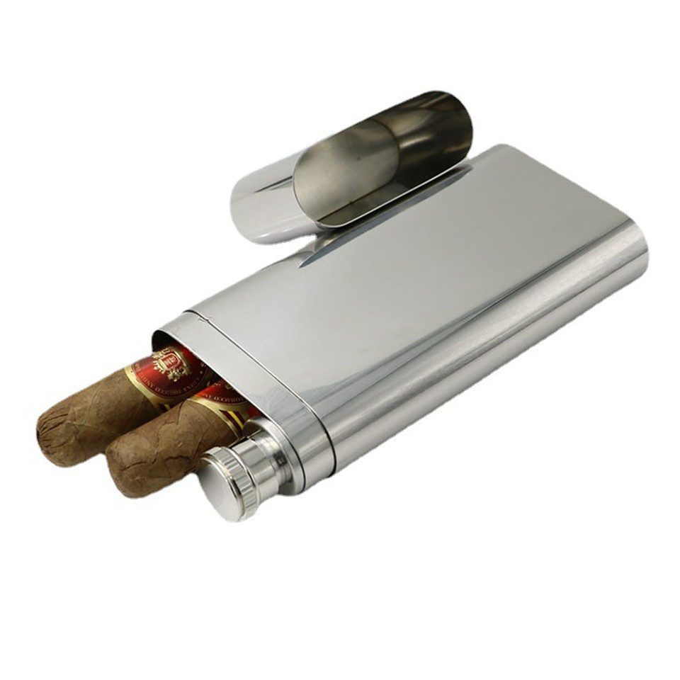 Stainless Steel Cigar humidor Tube for 3 Cigars 2 Ounce Hip Flask Cigar Holder with Funnel