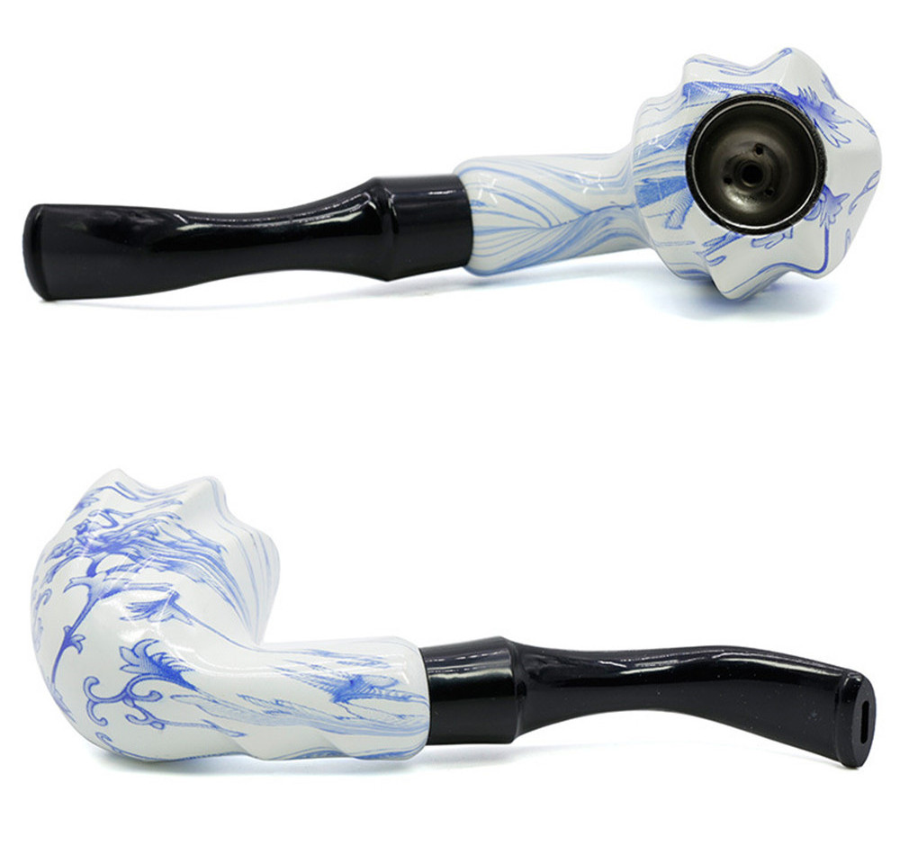 Blue and white porcelain Hand Pipe for Tobacco Wooden Smoking Pipes Glass Pipe Smoking