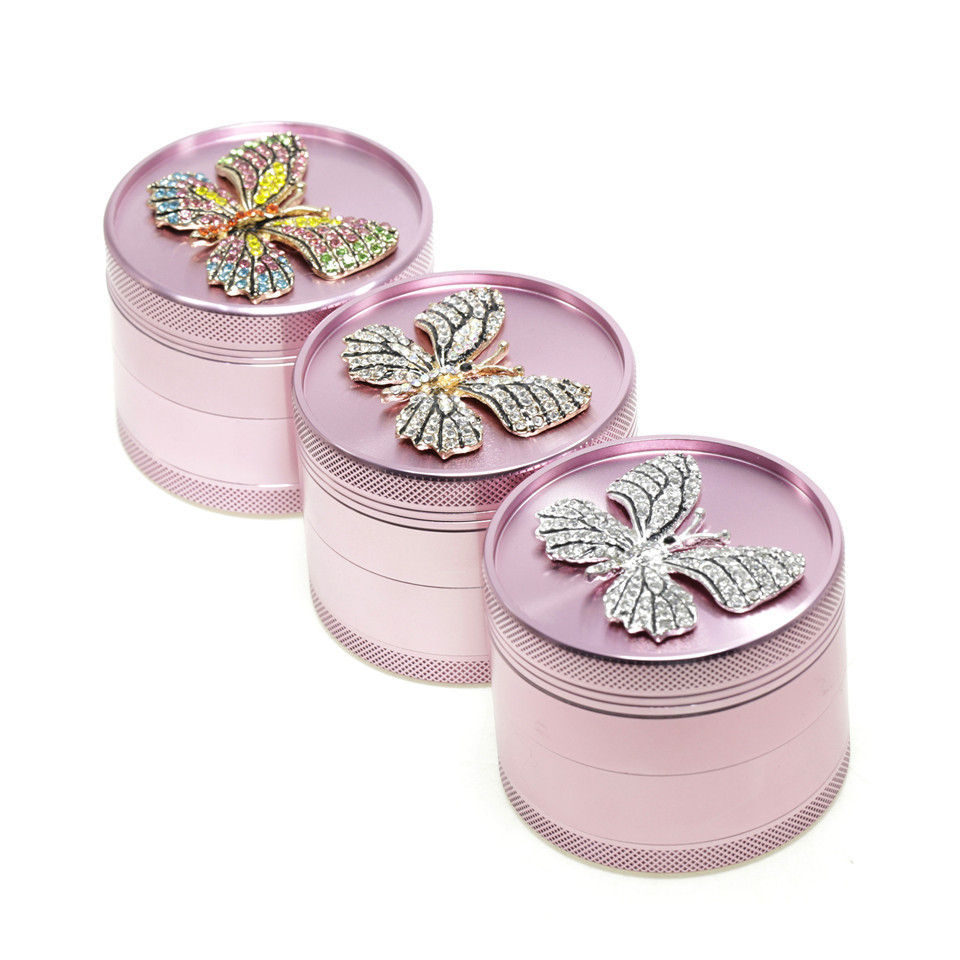 Aluminum 63mm Pink Herb Grinder with Diamond Butterfly Pink Grinder for Women Gift for Girl Herb Crusher Smoking Accessories