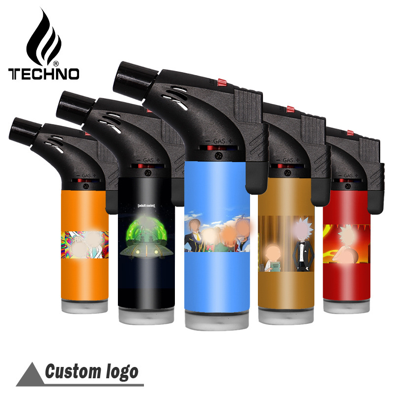 Techno Custom Logos Odm Promotion Printed Stickers Cute Refillable Windproof Fluid High Quality Outdoor Camping Torch Lighter