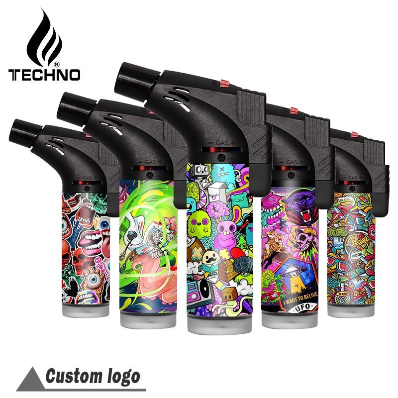 TECHNO custom refillable windproof rellenables cartoon Encendedor private label factory single jet slant OEM ODM torch lighter