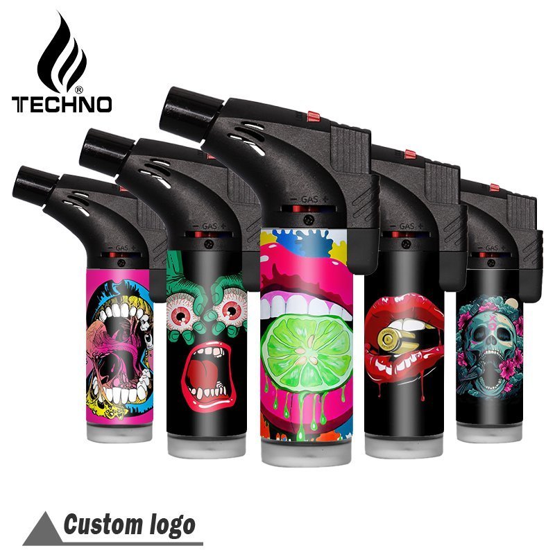 TECHNO factory custom logo refillable lighters windproof sublimation encendedor jet slant OEM torch lighter for smoking supplies