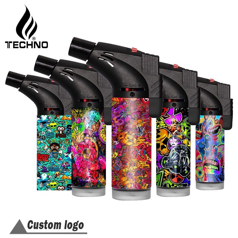 TECHNO electronic custom logos refillable lighters factory windproof cigarette candle hinchable encendedor slant torch lighter