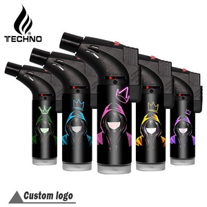 TECHNO custom logos candle wind proof cigar butane gas fancy creative encendedor single jet flame slant OEM ODM torch lighter