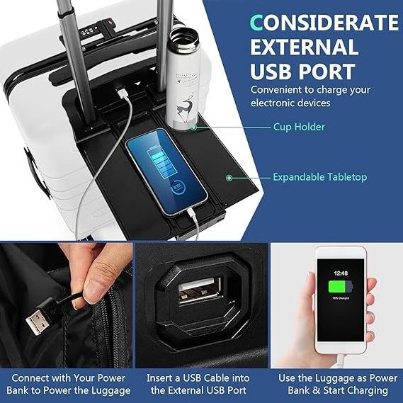 Multifunctional Carry On Luggage 20inch Suitcase with TSA Lock, Front Pocket, foldable Tabletop, External USB Charger