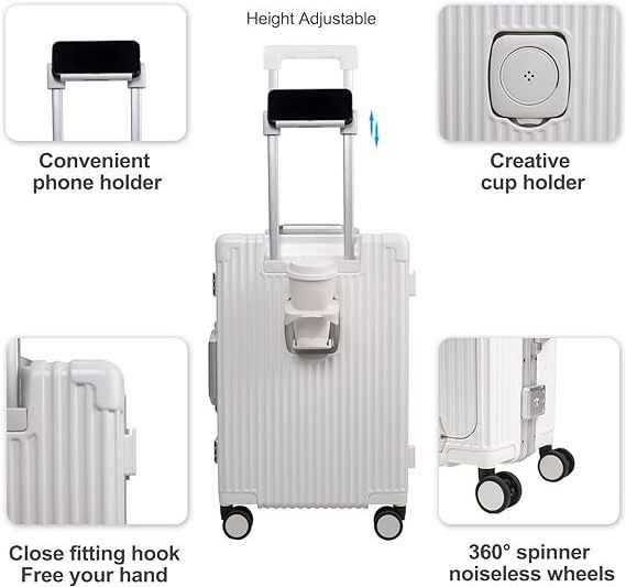 Multifunctional Carry On Luggage 20inch Aluminum Framed Suitcase with TSA Lock, Front Pocket, External USB Charger