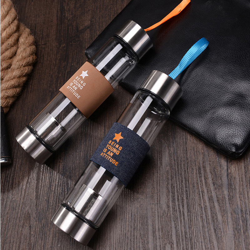 Hot Sale 450ML  Heat Resistant High Borosilicate Tea Infuser Glass Water Bottle with Colorful Sleeve