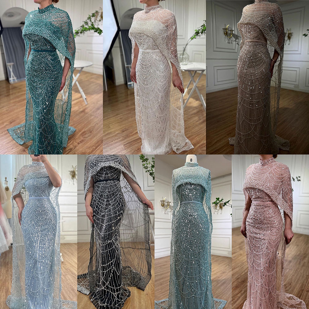 Pearls Dubai Champagne luxury women dresses with Cape   women's clothing dress party New Arabic  prom dresses 2024