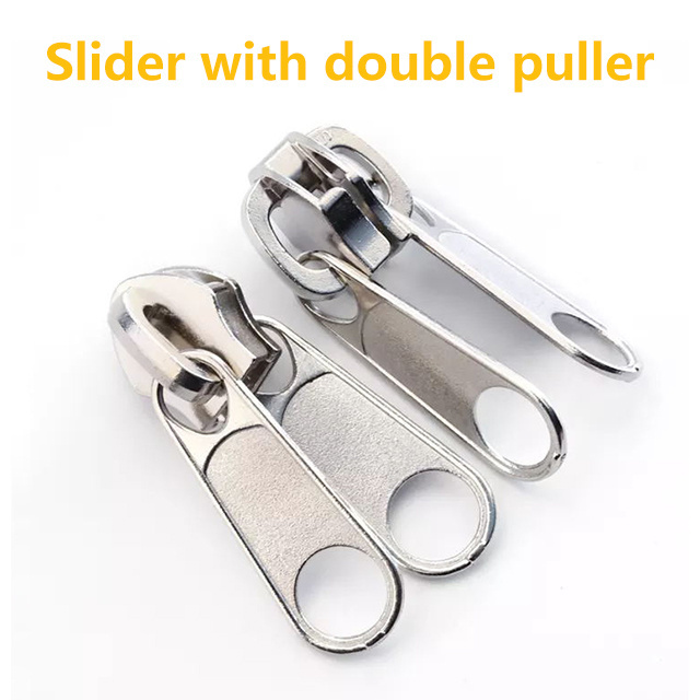 High Quality Nylon Zipper Metal Slider With Double Pullers For Tent Mosquito Net Zinc Alloy Double Zip Slider Manufacturing