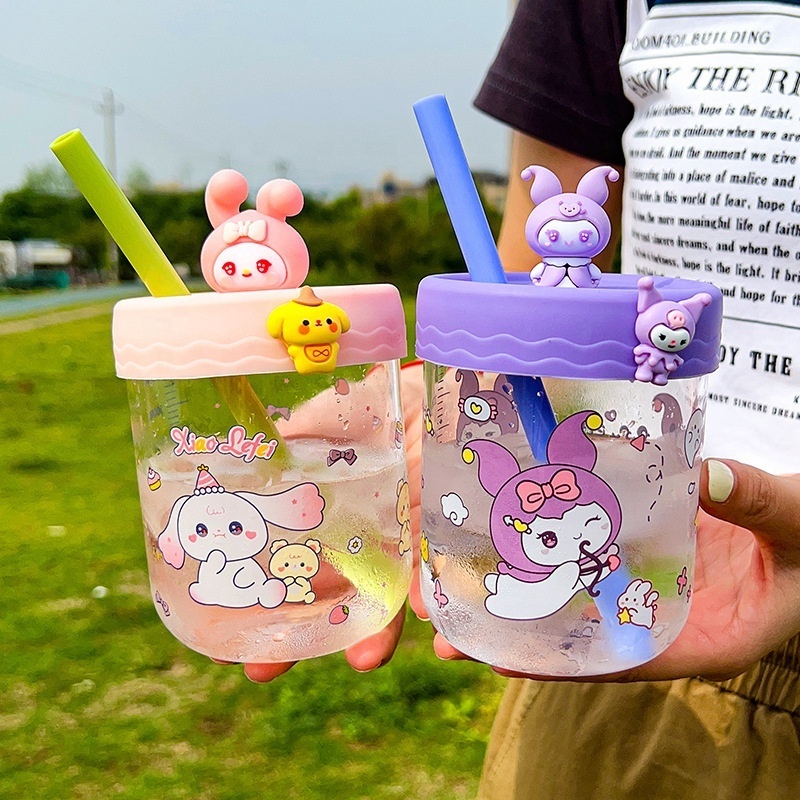 Glass Sanrio Kuromi Melody Cartoon Water Bottle Fairy Milk Cup Summer s With Cute Straw And Topper