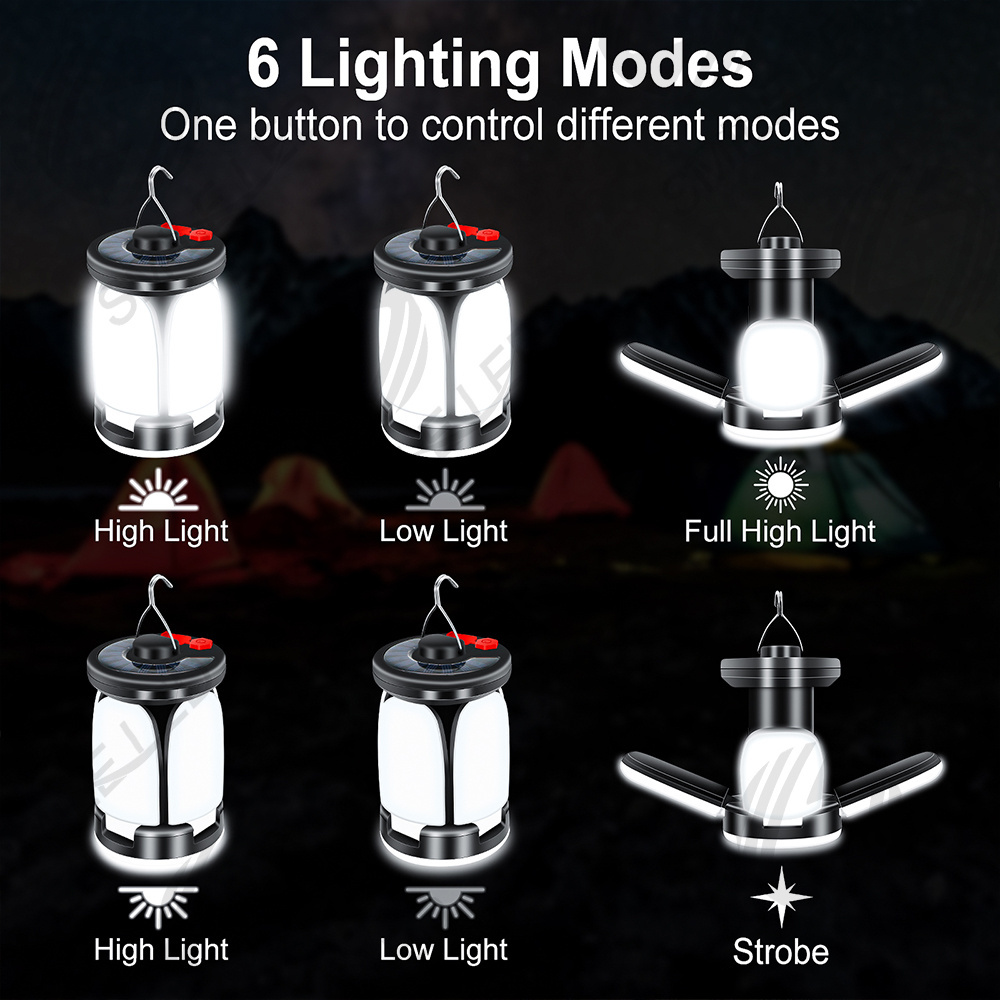 6 mode Tent Light USB Solar Powered Camping Tent Light LED Garage Emergency Light for Hiking Fishing Home Black