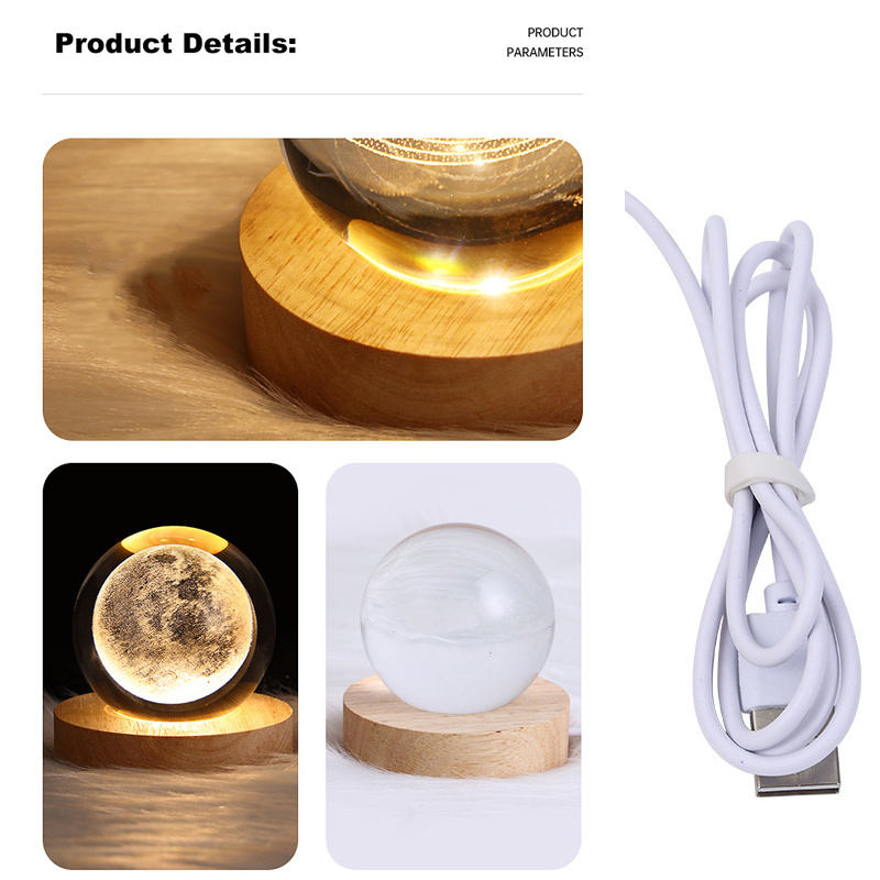 Crystal Glass Ball Night Lights with Wooden Base Personalize logo 3d laser engraving solar system crystal ball Night Lamp