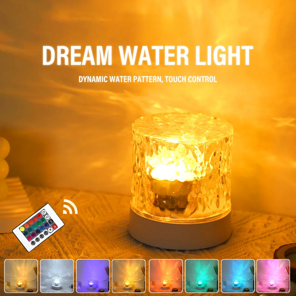 RGB Dimmable Crystal Table Lamp USB Rotating Projection LED Water Ripple Ambiance Night Light