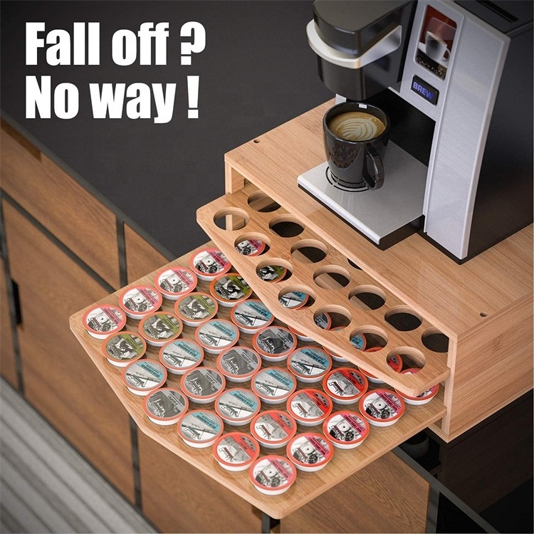 70 Capacity 2 tiers Bamboo Storage Organizer Coffee Pod Holder With Drawer For Keurig K Cup Pods