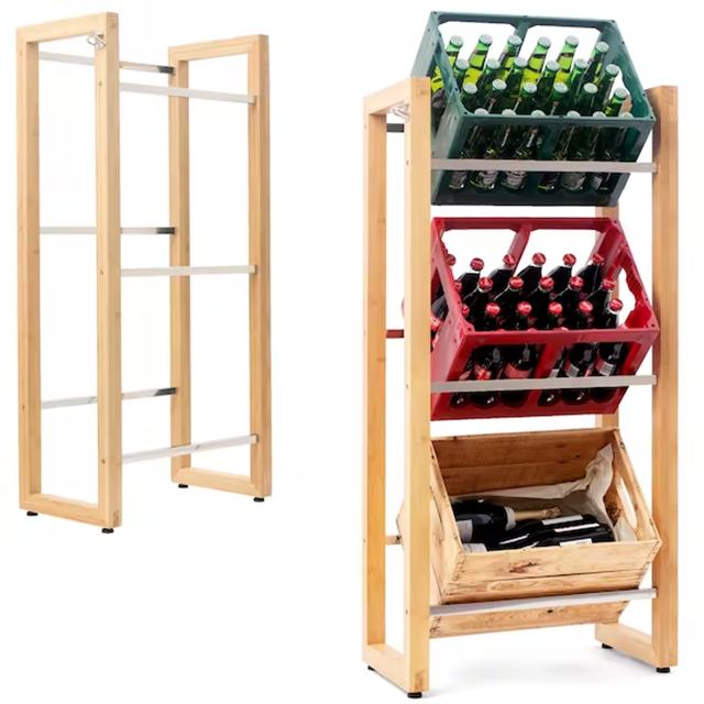 Bamboo Wooden Sturdy Drinks Shelf Crate Rack with Stainless Steel Tubes for 4 Beverage Crates Stylish Shelf at Handy