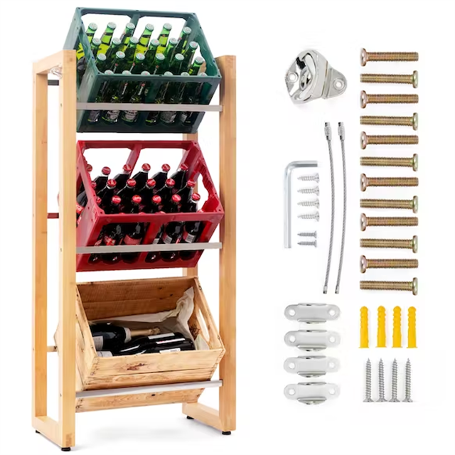 Bamboo Wooden Sturdy Drinks Shelf Crate Rack with Stainless Steel Tubes for 4 Beverage Crates Stylish Shelf at Handy