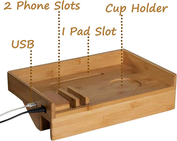 Removeable Tray with USB Ports to Charge Devices Dorm Bed Shelf fits a Laptop Books and Drink Bamboo Bedside Shelf for Bed