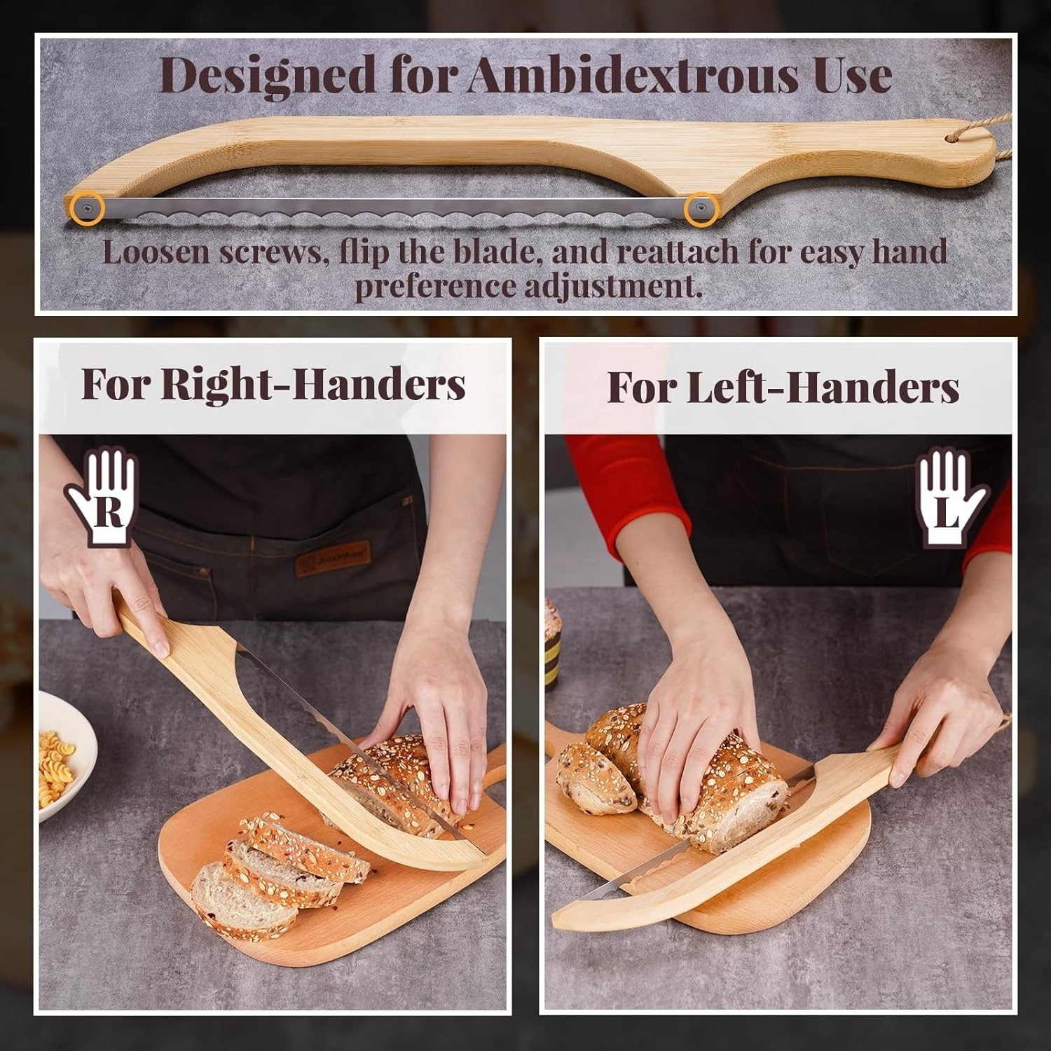 Hot Bakers Professional Wooden Double Side Bread Bow Knife Slice Stainless Steel Serrated Bread Knife with Bamboo Wooden Handle