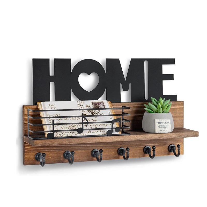 Floating Wall Shelf Storage Rack Wooden Mail Sorter 4 Double Hooks Decorative Key And Mail Holder Wooden Key holder