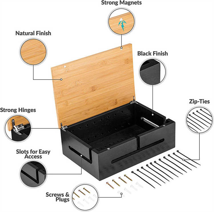 Wall Mountable Wooden Bamboo Cable Management Storage Organizer Box for Hiding Cables and Power Strips