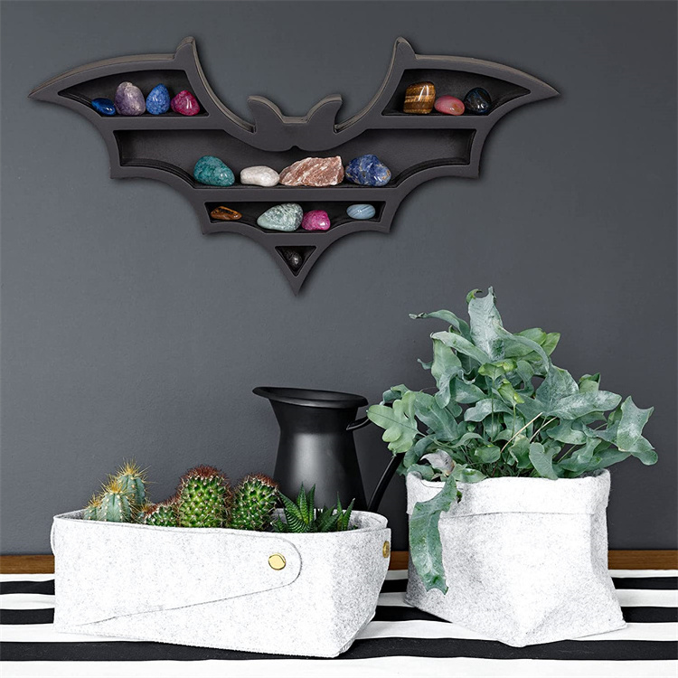 Wall Mounted Hanging Floating Wooden Black Vampire Bat Shelf Crystal Holder for Halloween Spooky Horror Gothic Witchy Home Decor