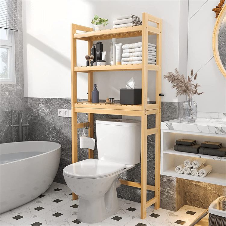 Above Toilet Organizer Towel Rack Freestanding Stand 3-Tier Bamboo Bathroom Storage Shelf with 3 Hooks