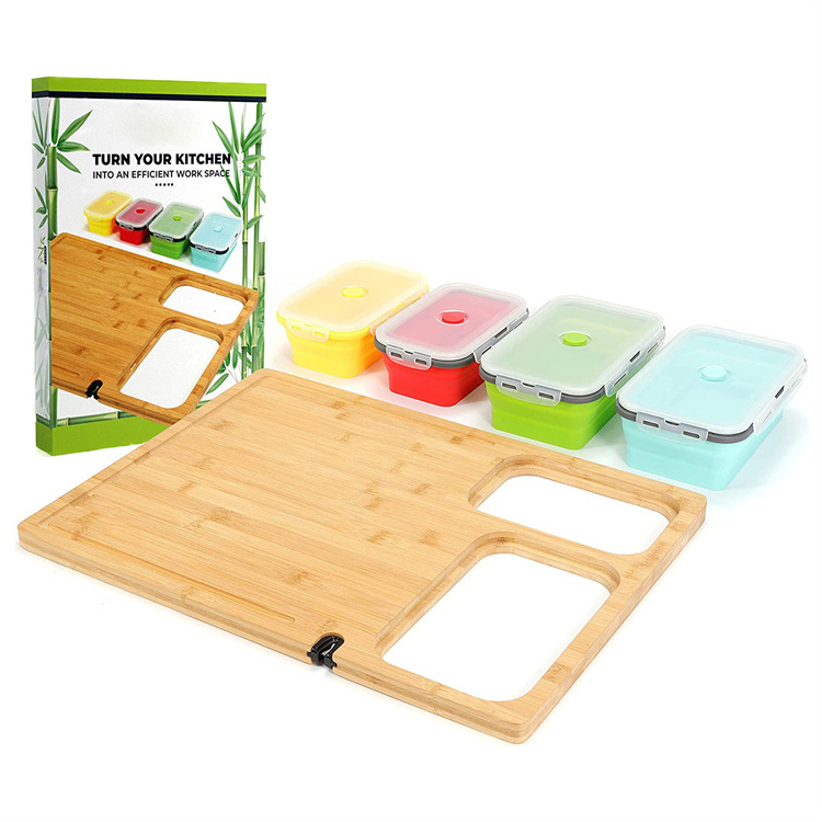 Customized Bamboo Over Sink Cutting Board for Kitchen With 4 Color Coded Collapsible Containers Meal Prep Deck Station