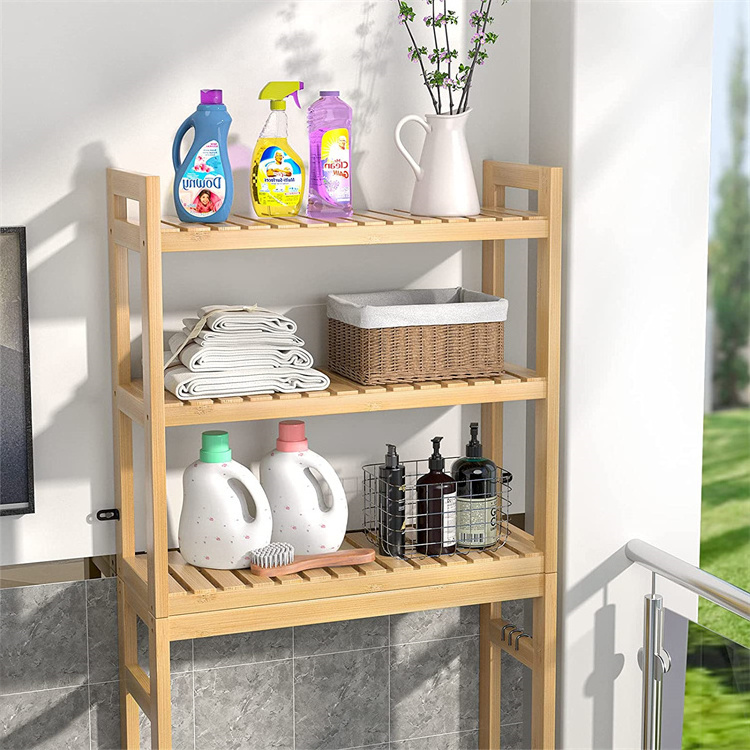 Above Toilet Organizer Towel Rack Freestanding Stand 3-Tier Bamboo Bathroom Storage Shelf with 3 Hooks