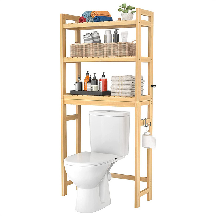 Above Toilet Organizer Towel Rack Freestanding Stand 3-Tier Bamboo Bathroom Storage Shelf with 3 Hooks