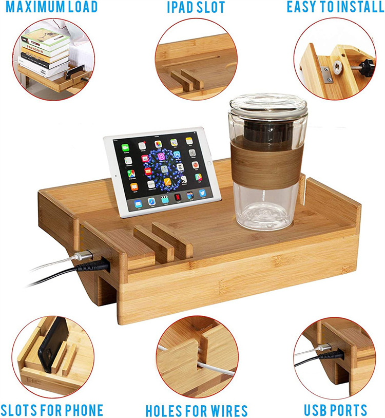 Removeable Tray with USB Ports to Charge Devices Dorm Bed Shelf fits a Laptop Books and Drink Bamboo Bedside Shelf for Bed