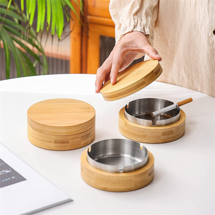 Bamboo Cigarettes Ash Tray For Man Smoking Ashtray With Bamboo Lid And Customized Color Bowl New Designed Gift For Smokers