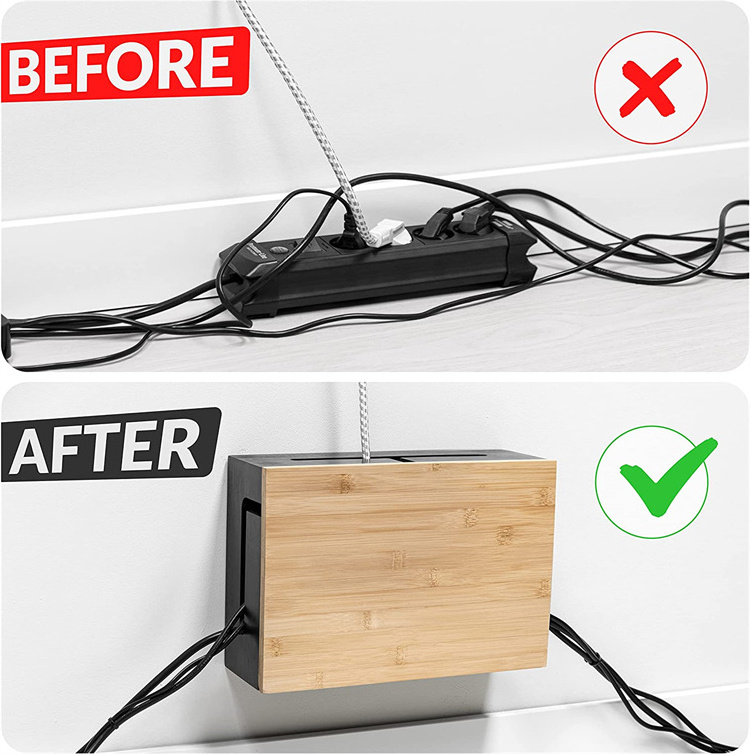 Wall Mountable Wooden Bamboo Cable Management Storage Organizer Box for Hiding Cables and Power Strips