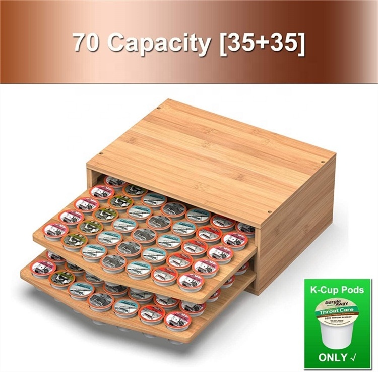 70 Capacity 2 tiers Bamboo Storage Organizer Coffee Pod Holder With Drawer For Keurig K Cup Pods