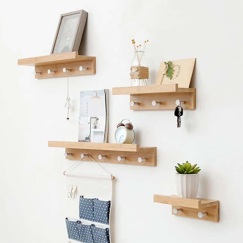 wall mounted key storage rack bamboo wooden long floating shelves wall hooks coat racks